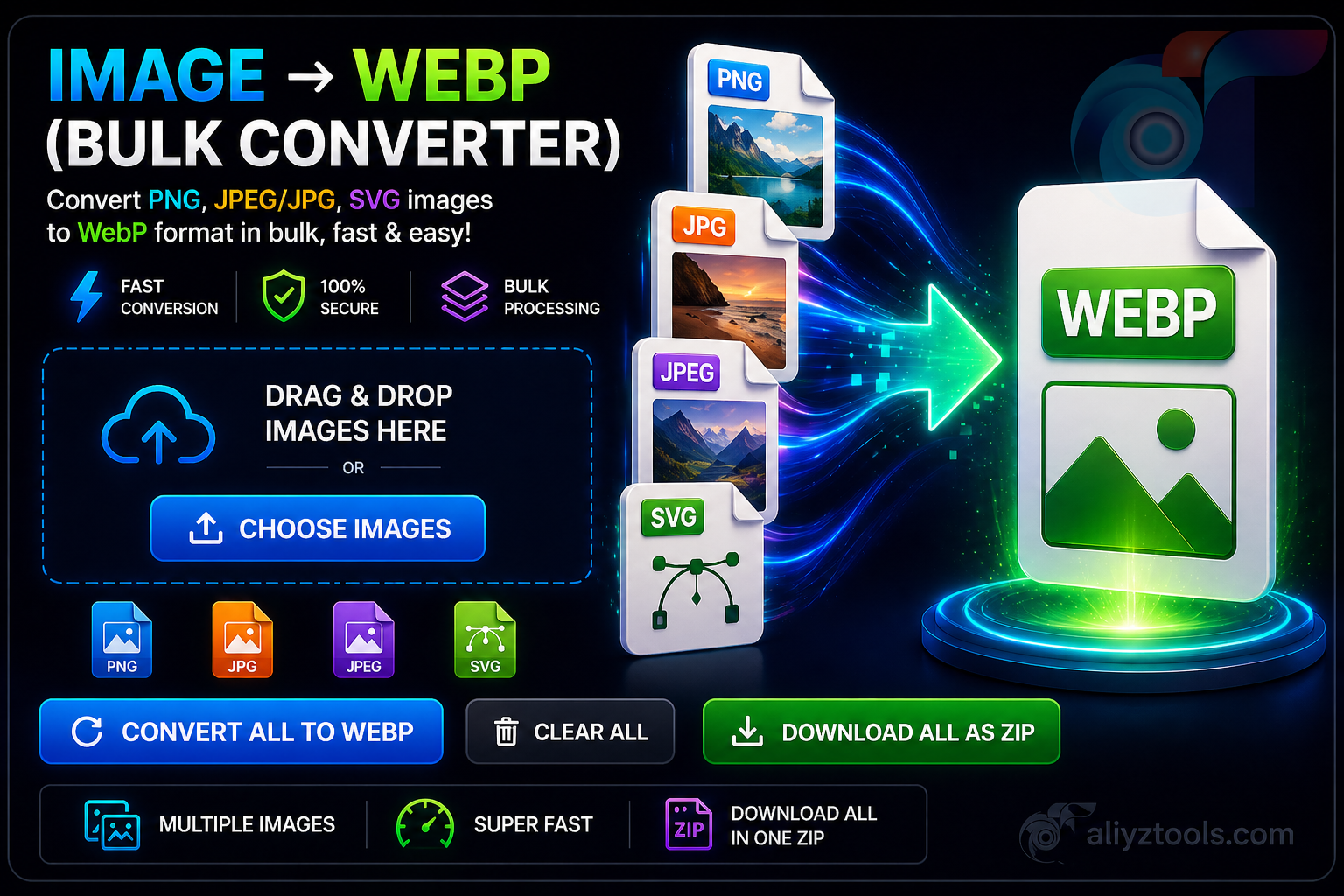 Bulk Image to WebP Converter. PNG, JPEG, SVG.